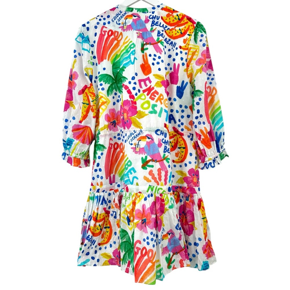 Farm Rio White Colorful Jungle Print Mini Dress w/ Waist Tie & Tassels sz L - Picture 2 of 10